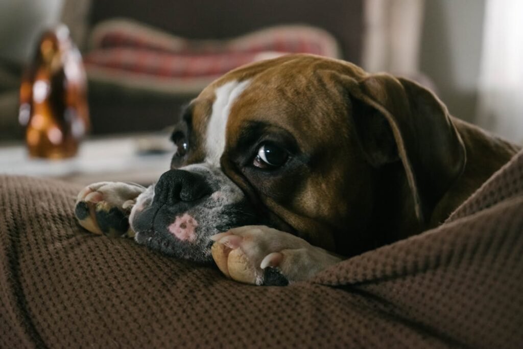 Free A cute Boxer dog resting on a cozy sofa indoors, looking relaxed and content. Stock Photo