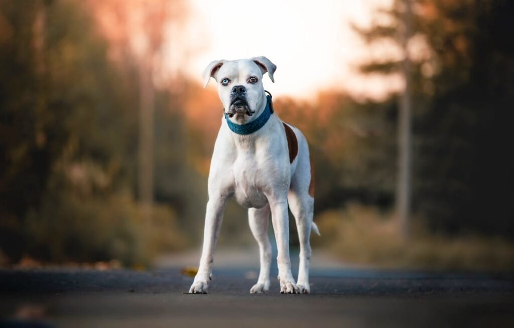 Free A white and brown Boxer dog stands confidently on a road in autumn. Stock Photo