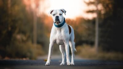 Free A white and brown Boxer dog stands confidently on a road in autumn. Stock Photo